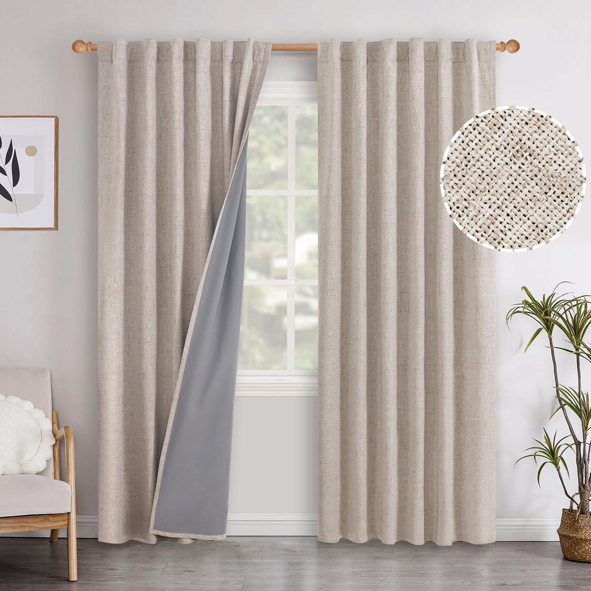 Youngstex Linen 100% Blackout Curtains 84 Inches Long 2 Panels, Back Tab Room Darkeningtextured Window Drapes For Living Room Fa