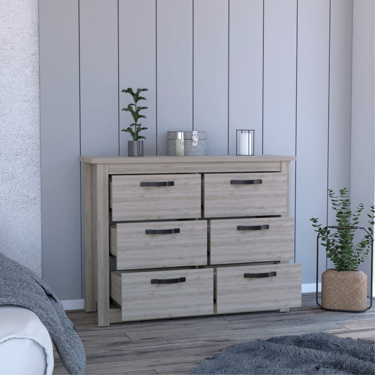 Galena 6 Drawer Double Dresser, 4 Legs, Superior Top, Metal Hardware, Light Gray