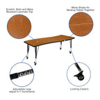 Flash Furniture Emmy 3 Piece Mobile 86" Oval Wave Flexible Oak Thermal Laminate Activity Table Set - Height Adjustable Short Legs
