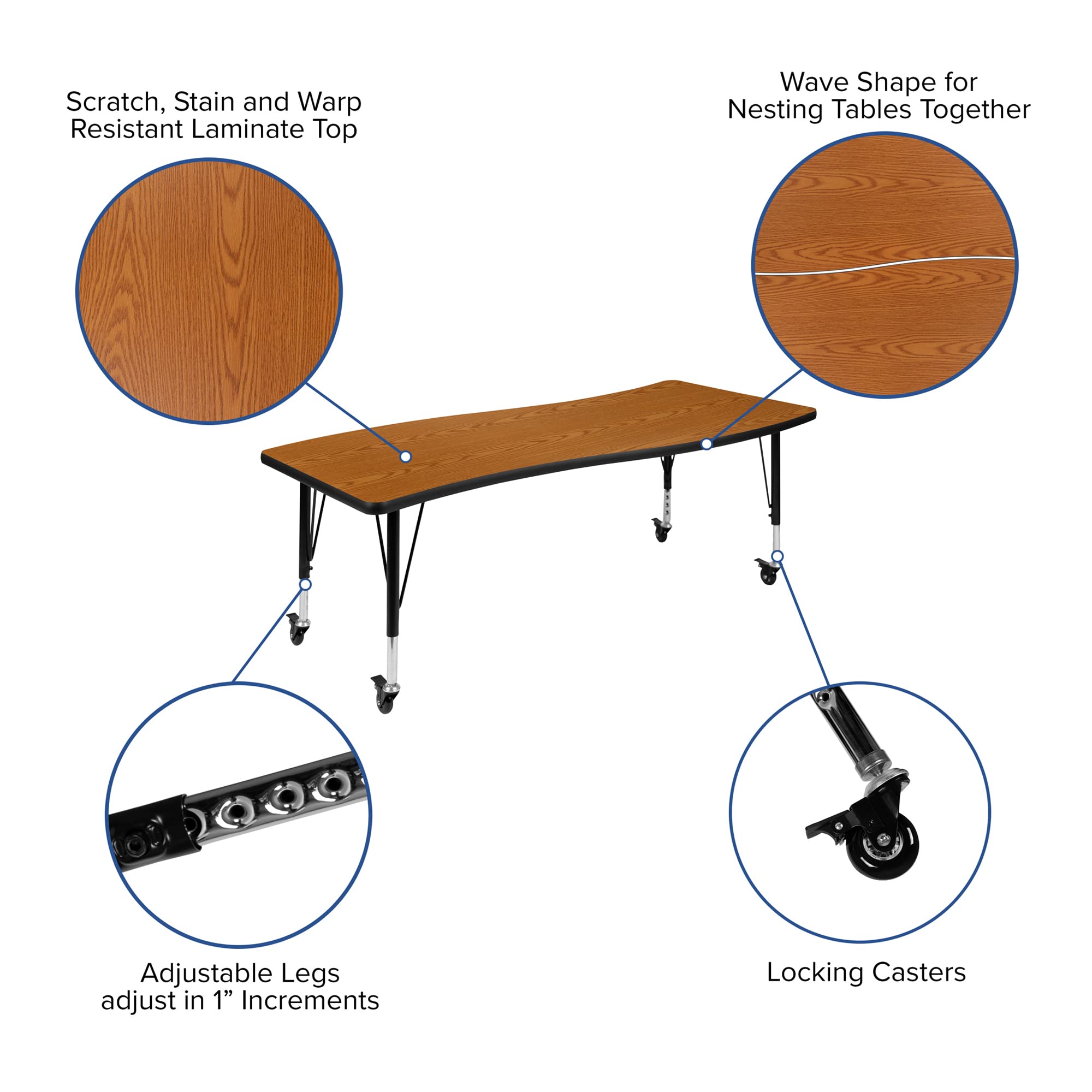 Flash Furniture Emmy 3 Piece Mobile 86" Oval Wave Flexible Oak Thermal Laminate Activity Table Set - Height Adjustable Short Legs