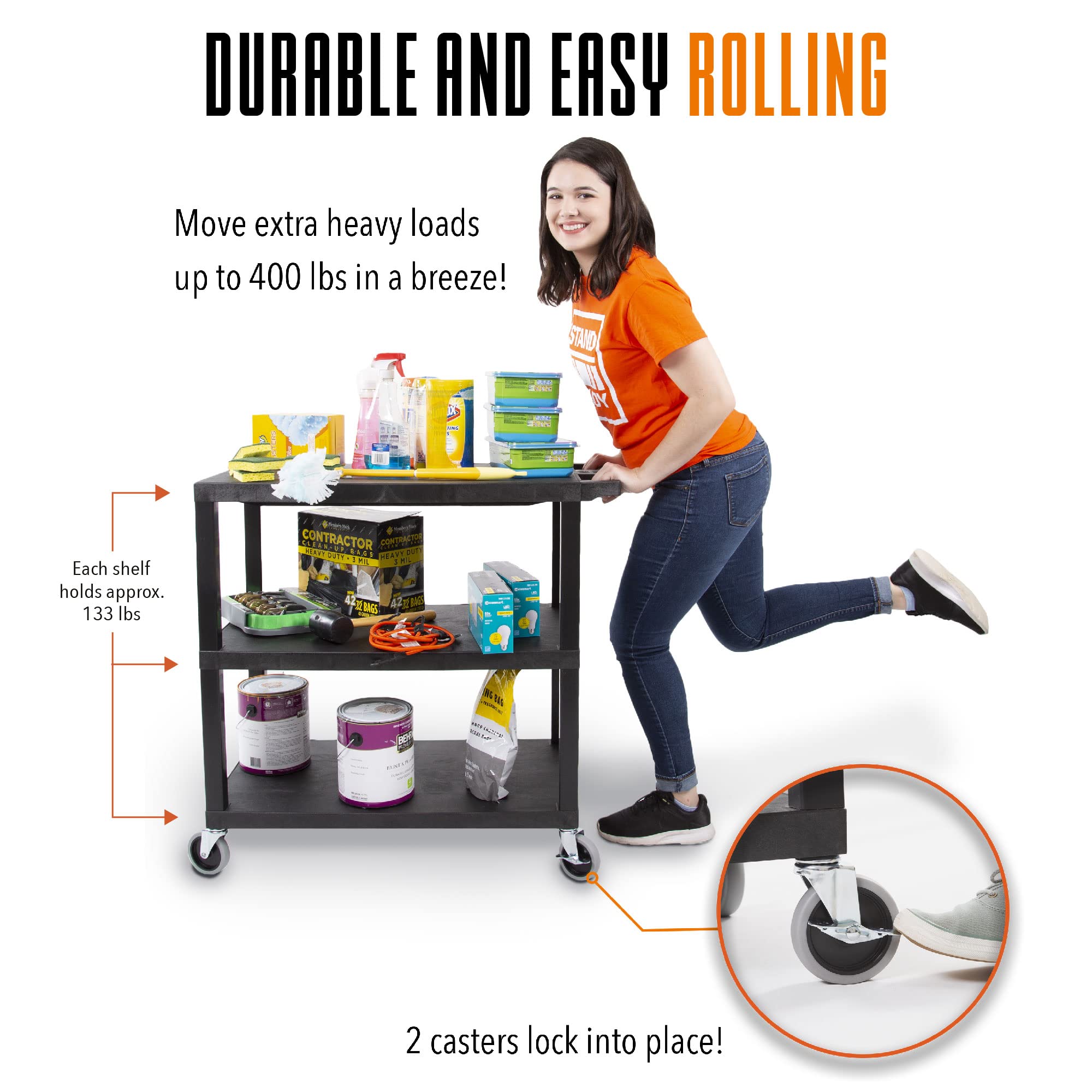 Stand Steady Tubstr 3 Flat Top Shelf Utility Cart Supports Up To 400 Lbs - Heavy-Duty Plastic Service Push Cart With Three Flat Shelves, For Offices, Warehouse Storage, Garage Tools (Black, 35 X 18)