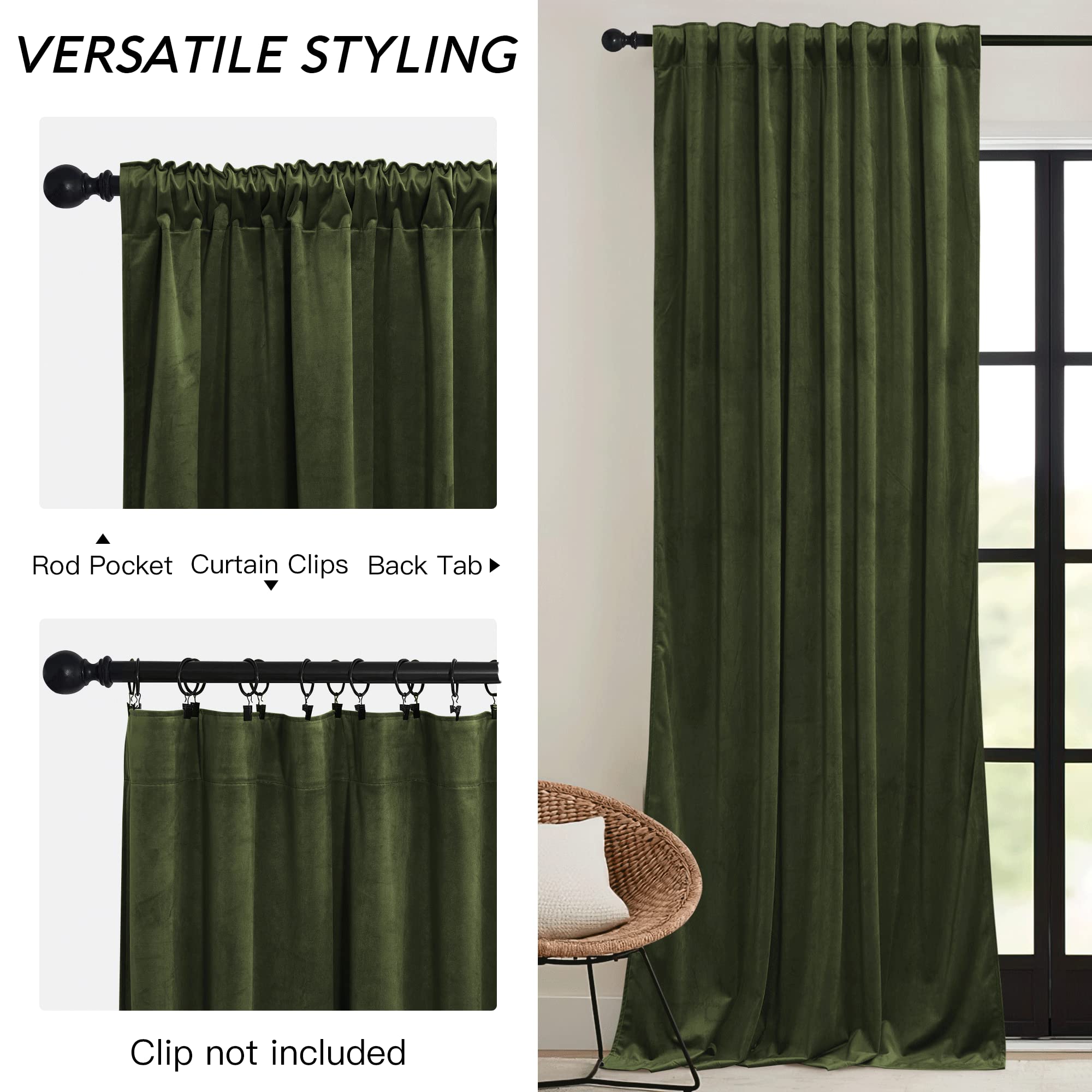 Ryb Home Green Velvet Curtains 84 Inch, Solid Room Darkening Window Curtains For Living Room Light & Draft Block Privacy Backdrop With Pleat Tape Pocket& Tabs, Olive Green, W52 X L84 Inch, 2 Panels