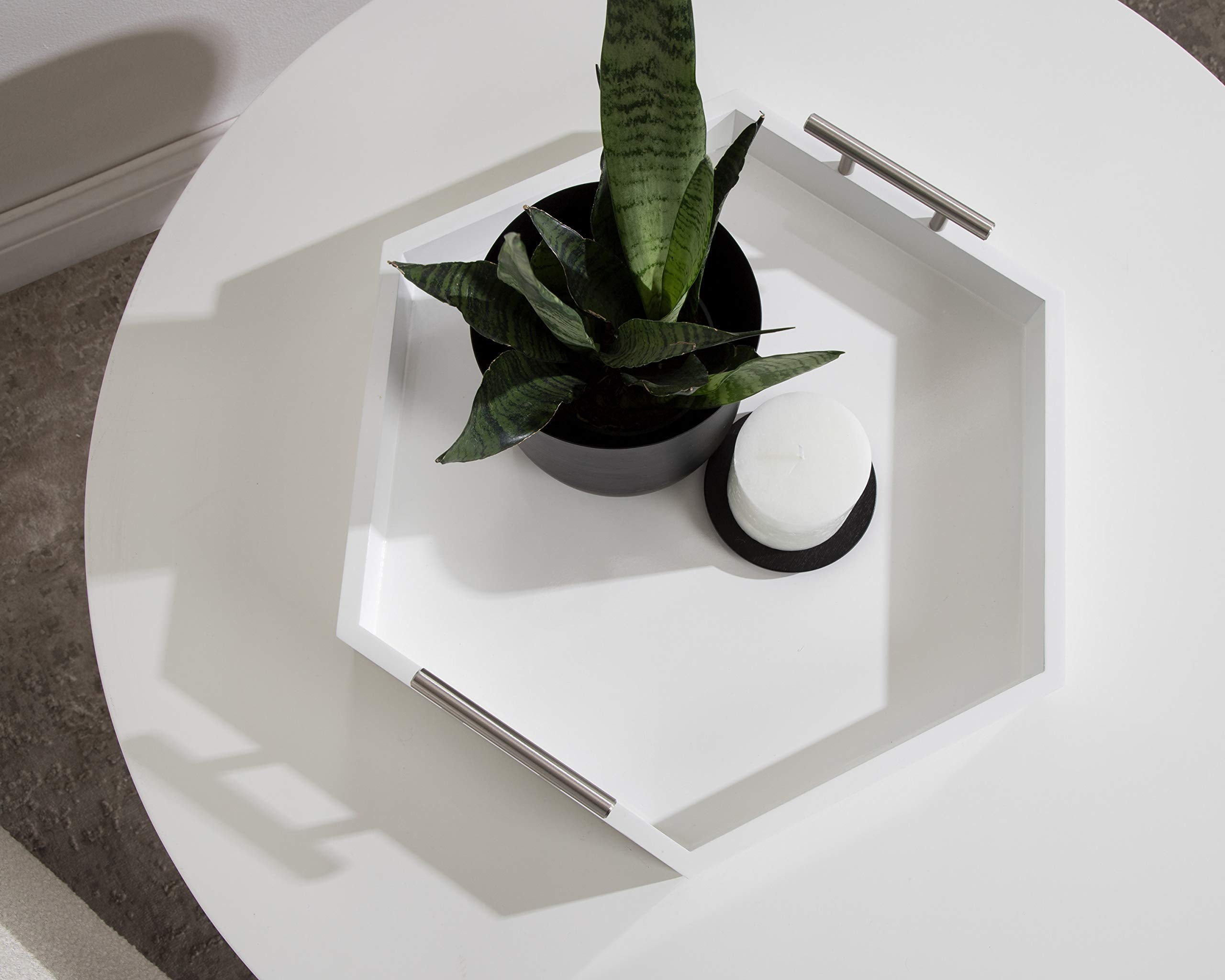 Kate And Laurel Lipton Modern Hexagon Tray, 18 X 18, White And Silver, Decorative Tray For Storage And Display