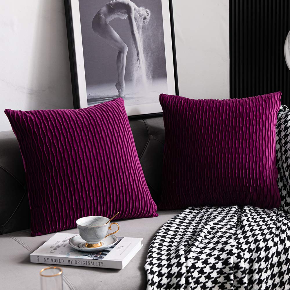 Dezene 18X18 Purple Throw Pillow Cases: 2 Pack Original Striped Velvet Square Decorative Pillow Covers For Farmhouse Couch