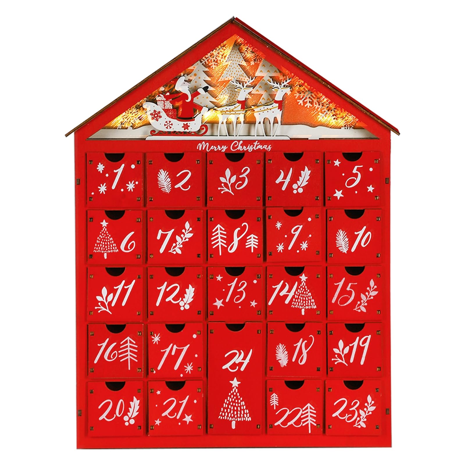 MorTime 24 Day Red House Advent Calendar with Lighted Reindeer Sled Christmas Tree Snowflake, Lighted Wooden Countdown to Christ