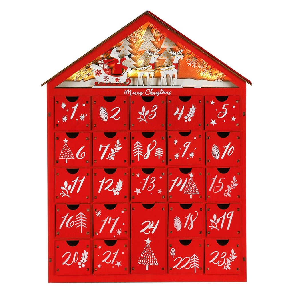 MorTime 24 Day Red House Advent Calendar with Lighted Reindeer Sled Christmas Tree Snowflake, Lighted Wooden Countdown to Christ