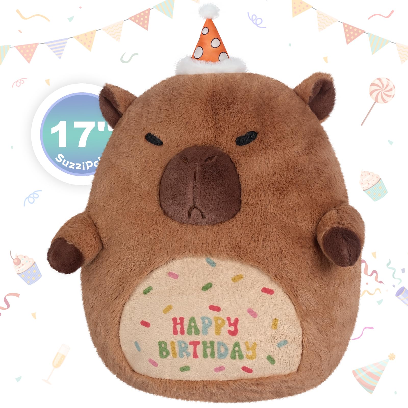 Suzzipals 17' Happy Birthday Capybara Plush Pillows, Squish Capybara Stuffed Animals, Stuffed Capybara Birthday Gifts For Girls