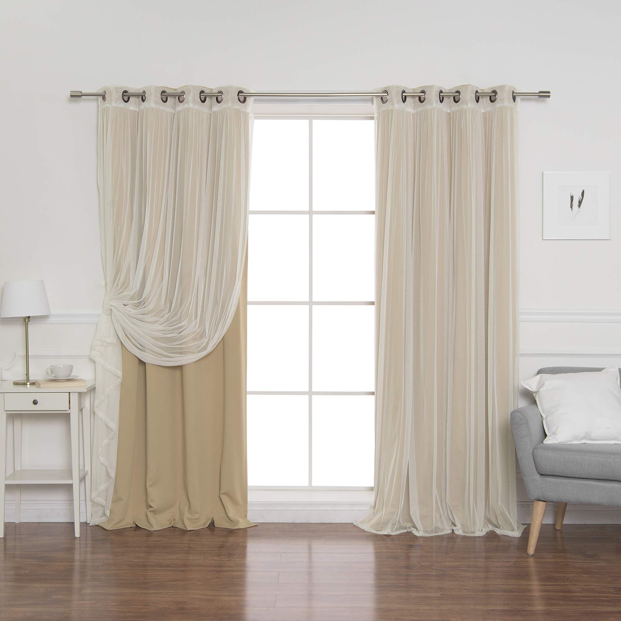 Best Home Fashion Umixm Tulle Sheer Lace & Blackout 4 Piece Curtain Set - Antique Bronze Grommet Top - Wheat - 52' W X 96' L -