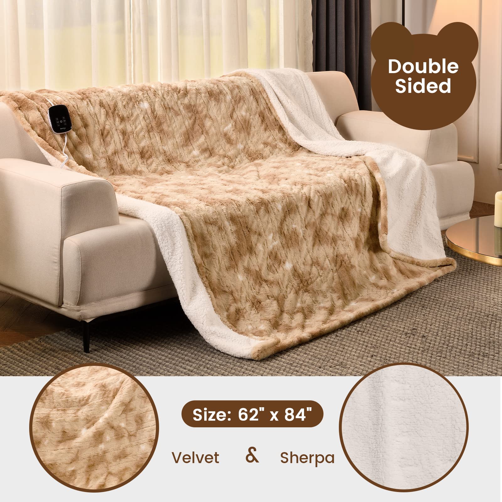 Bearhug Electric Blanket Twin Size 62' X 84', Faux Fur & Sherpa Heated Blanket, 10 Heating Levels & 1-12H Auto Off, Champagne,