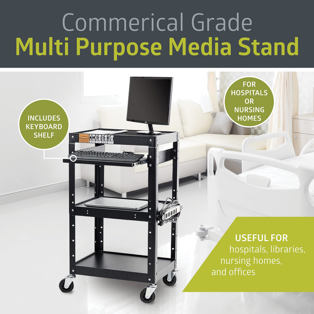 Pearington AV Presentation Cart Stand Metal Black Adjustable Shelves 4 Wheels 4 Outlets 12ft Cord