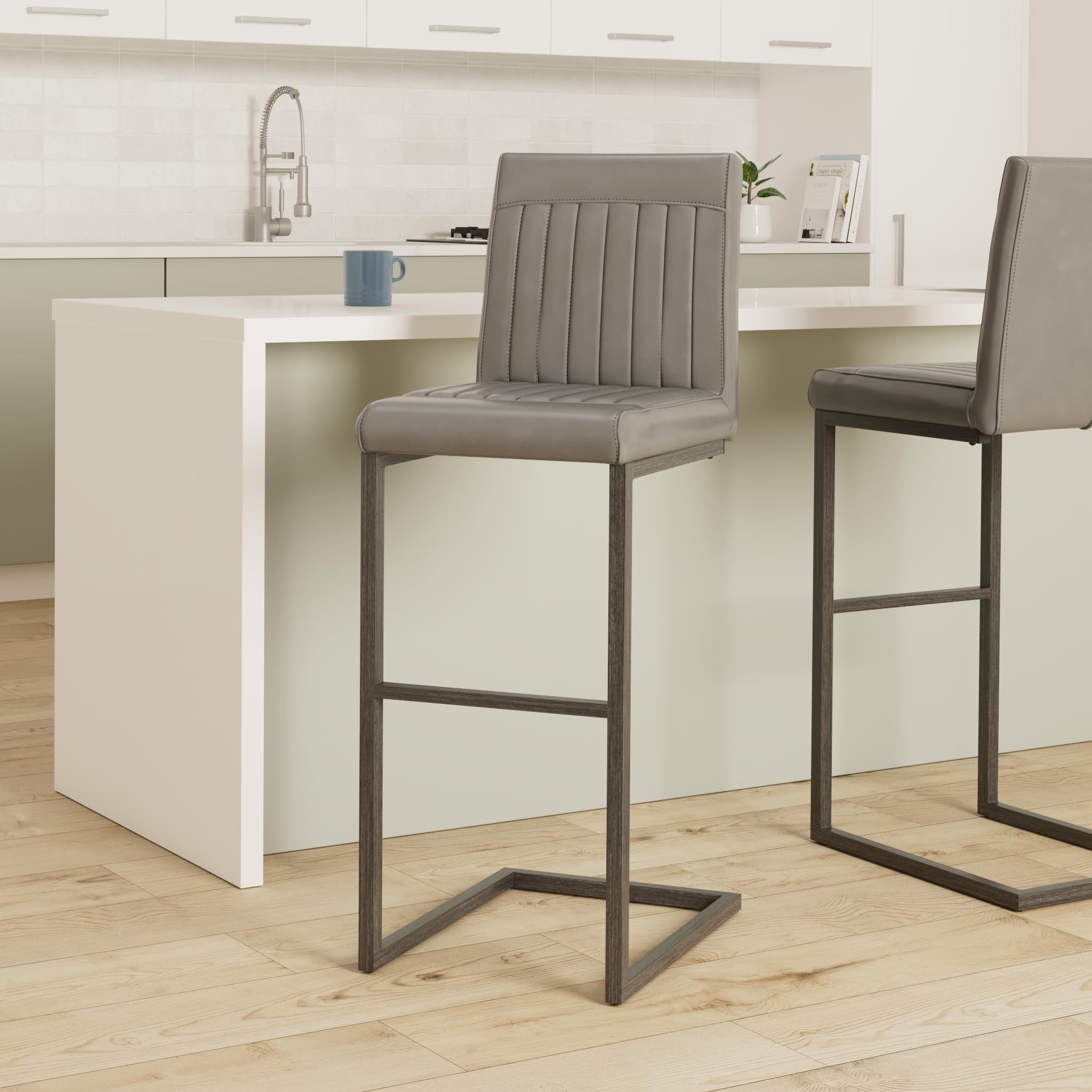 New Pacific Direct Ronan Pu Leather Bar, Set Of 2 Bar & Counter Stools, Antique Graphite Gray