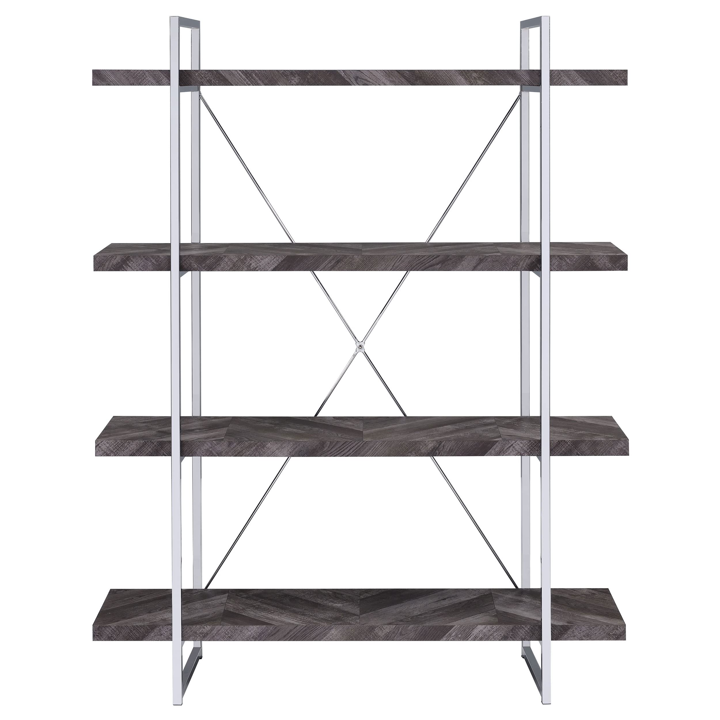Coaster Furniture Grimma Industrial Grey Herringbone and Chrome Bookcase 62.5&quot; H x 14&quot; W x 47.25&quot; D 802613