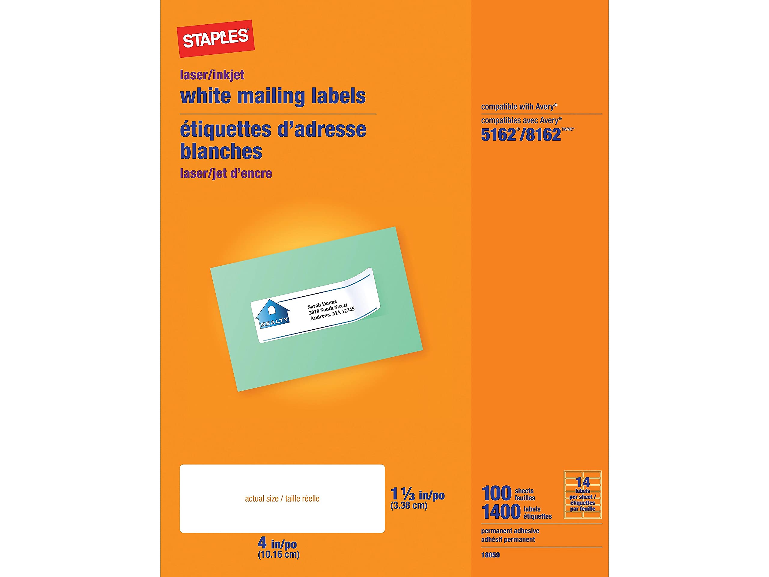 Staples 479878 Laser/Inkjet Address Labels 1 1/3-Inch X 4-Inch White 14 Labels/Sheet