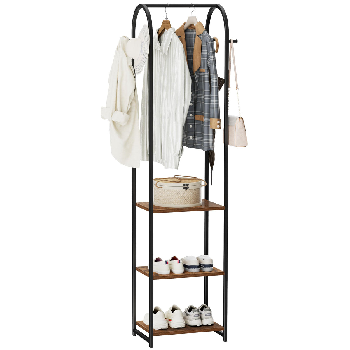 Cerlyunzan Garment Rack, Coat Rack with 3 Shelves and 4 Hooks, 71 H Clothes Stand for Hanging Clothes, Hanging Rod for for Bedr