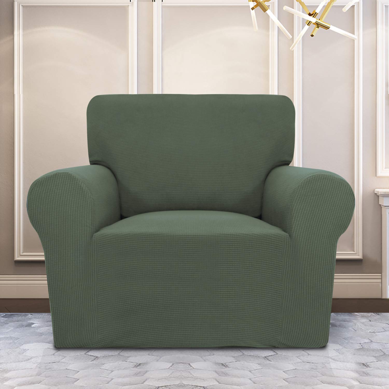 Purefit Stretch Chair Sofa Slipcover – Spandex Jacquard Non Slip Soft Couch Sofa Cover, Washable Furniture Protector With Non Skid Foam And Elastic Bottom For Kids (Chair, Greyish Green)