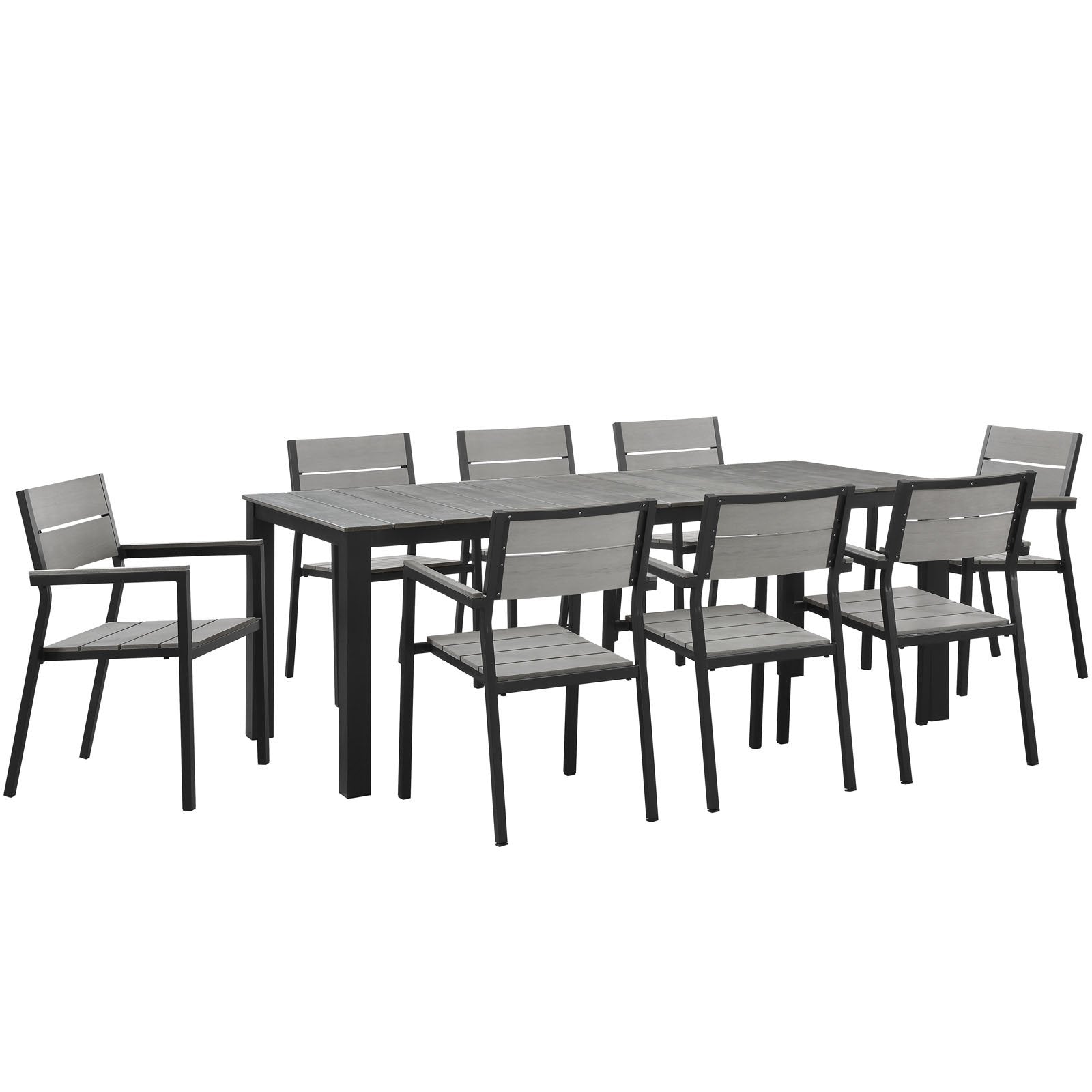 Modway Maine Aluminum 9-Piece Outdoor Patio Dining Set with 80&quot; Dining Table and Eight Dining Armchairs in Brown Gray