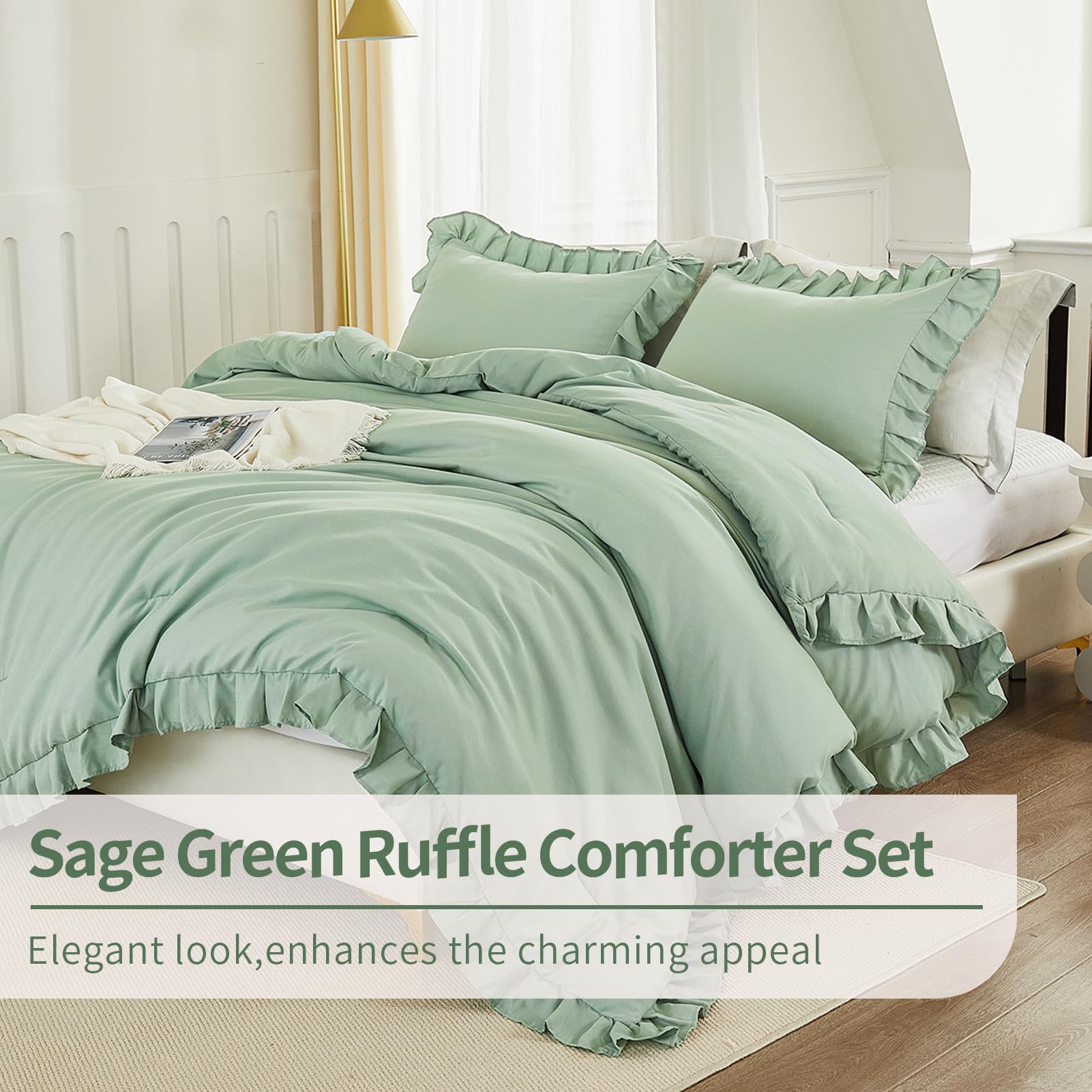 Andency Sage Green California King Comforter Set, 3 Pieces Farmhouse Shabby Chic Cal King Size Ruffle Bed Set, Oversized Soft Lightweight Microfiber Bedding Set