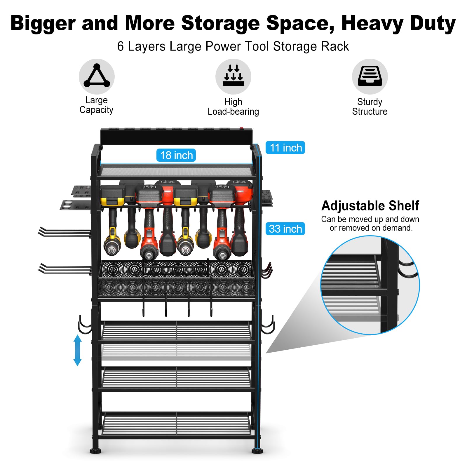 Junnuj Power Tool Organizer Floor Stand With Charging Station, Garage Adjustable Storage Rack Utility Tool Shelf With 8 Outlet Power Strip, Heavy Duty Drill And Battery Holder, Black