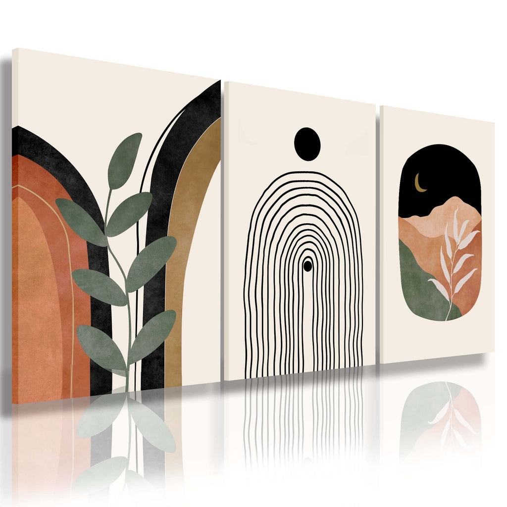 Boho Wall Art Prints Set of 3, Boho Wall Decor, Mid Century Modern Prints Sun Moon Leaf Mountain Canvas Wall Painting, Neutral A