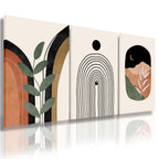 Boho Wall Art Prints Set of 3, Boho Wall Decor, Mid Century Modern Prints Sun Moon Leaf Mountain Canvas Wall Painting, Neutral A