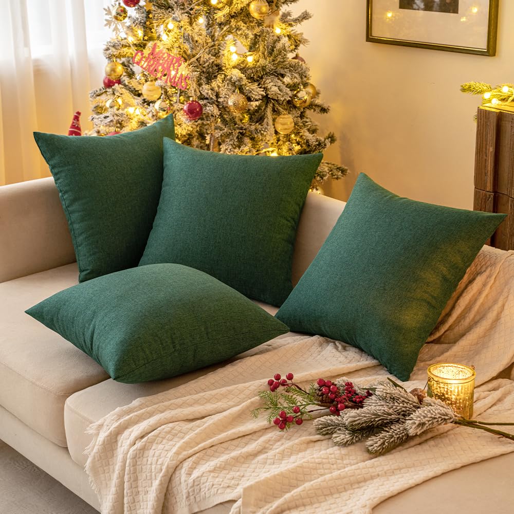 Miulee Pack Of 2 Decorative Outdoor Solid Waterproof Throw Pillow Covers Polyester Linen Garden Farmhouse Cushion Cases For Patio Tent Balcony Couch Sofa 20X20 Inch Emerald Green