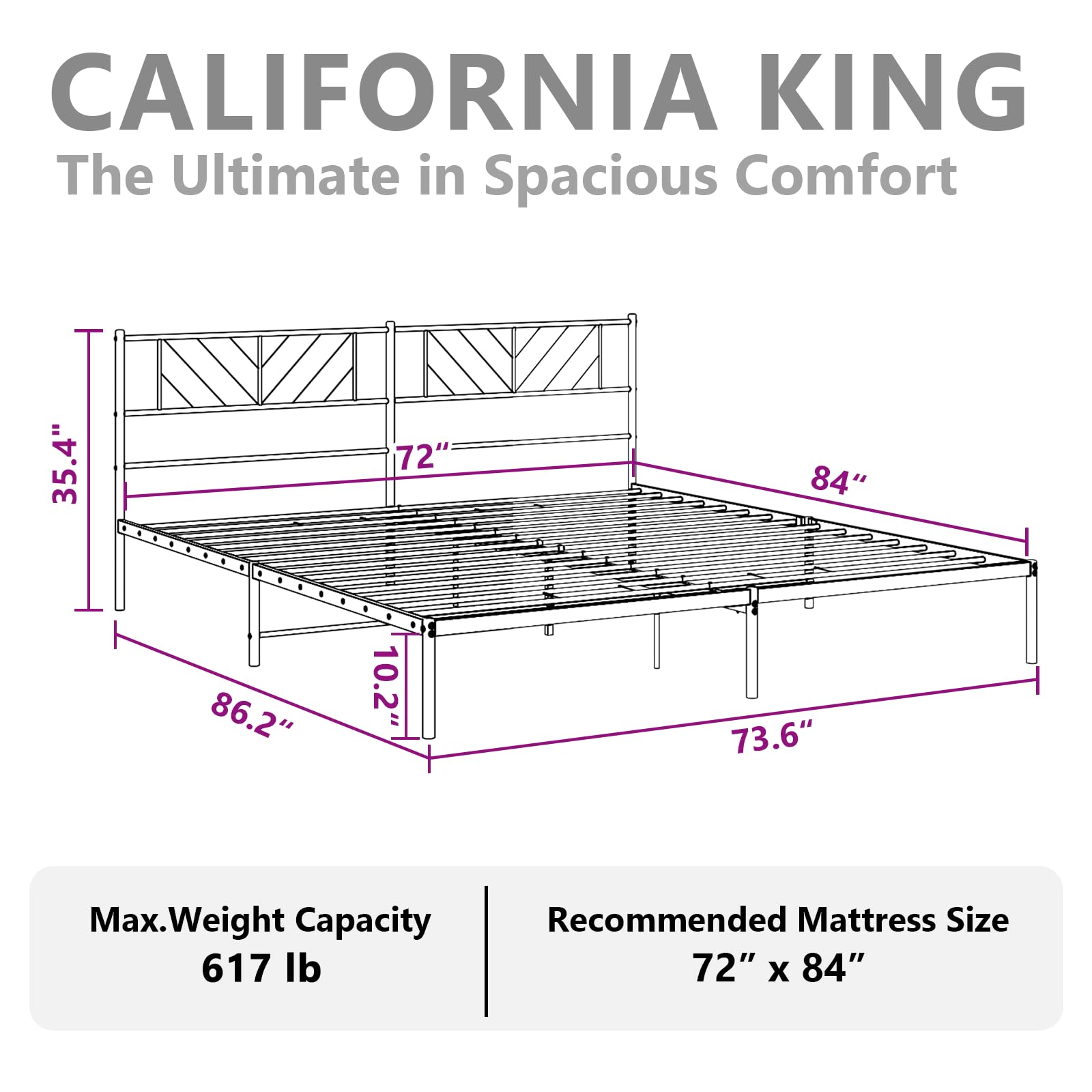 vidaXL California King Metal Bed Frame with Headboard and Stable Slats, Under Bed Storage Space, Sturdy Steel Construction and Easy Assembly, Minimalist Style, Black, 12'' High, Without Mattress