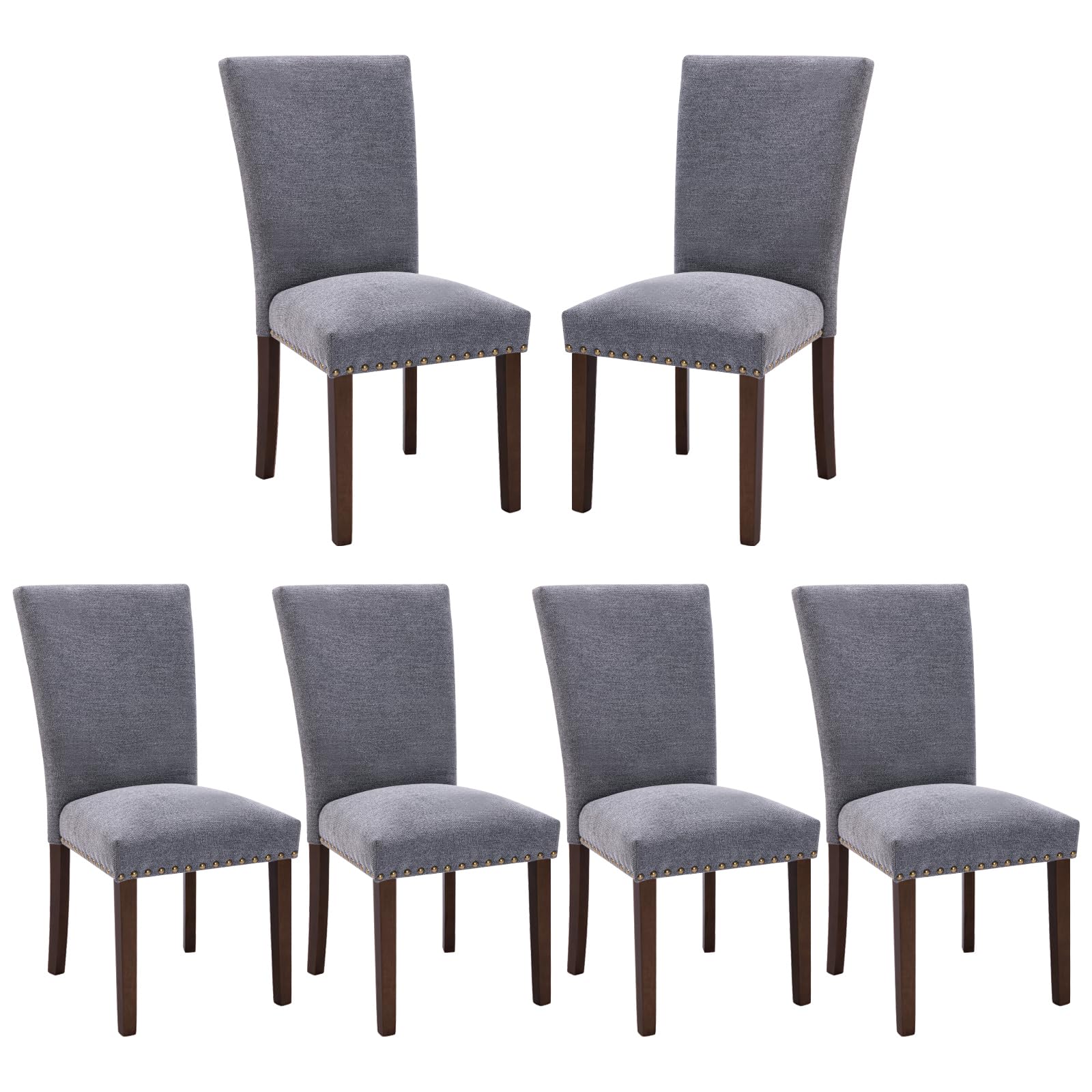 COLAMY Upholstered Parsons Dining Chairs Set of 6, Fabric Dining Room Kitchen Side Chair with Nailhead Trim and Wood Legs - Dark