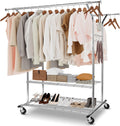 Whitmor Heavy Duty Clothing Rack: Adjustable & Extendable Rolling Garment Rack with Lockable Wheels, Double Rod Clothing Racks w