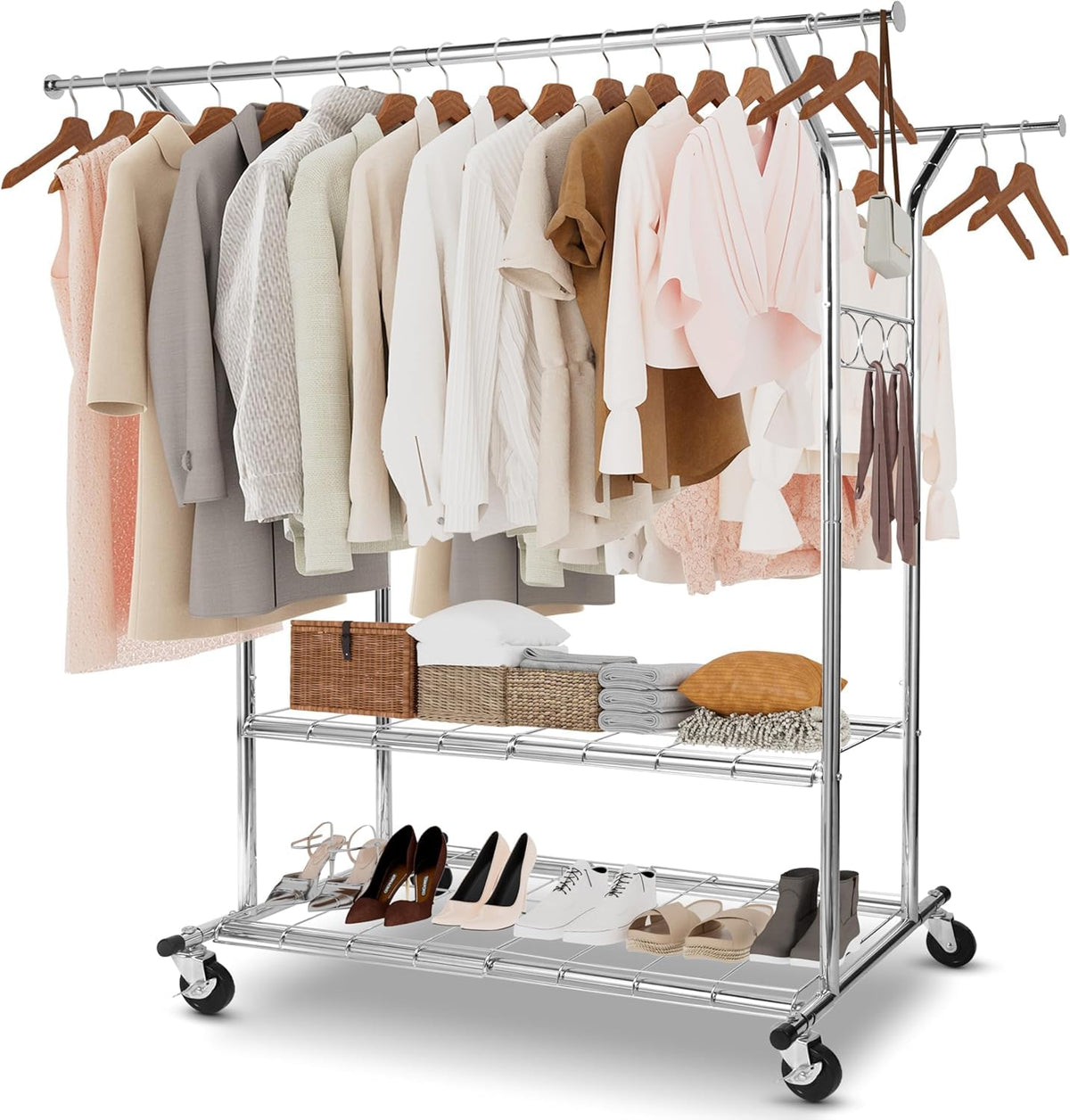 Whitmor Heavy Duty Clothing Rack: Adjustable & Extendable Rolling Garment Rack with Lockable Wheels, Double Rod Clothing Racks w