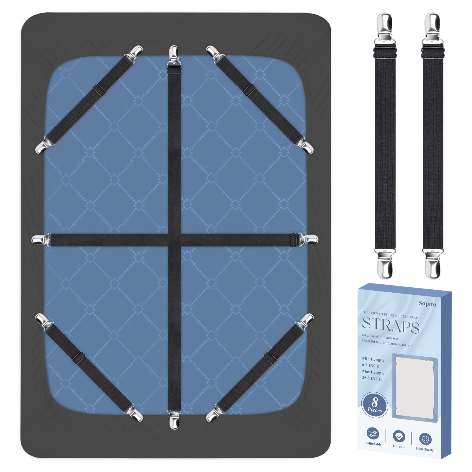 Bed Sheet Fasteners, 8 Pcs Adjustable Max Stretches To 26.8 In Holder Straps Non Slip Straps With Clips To Keep Sheets Firm & Tight, Universal & Black
