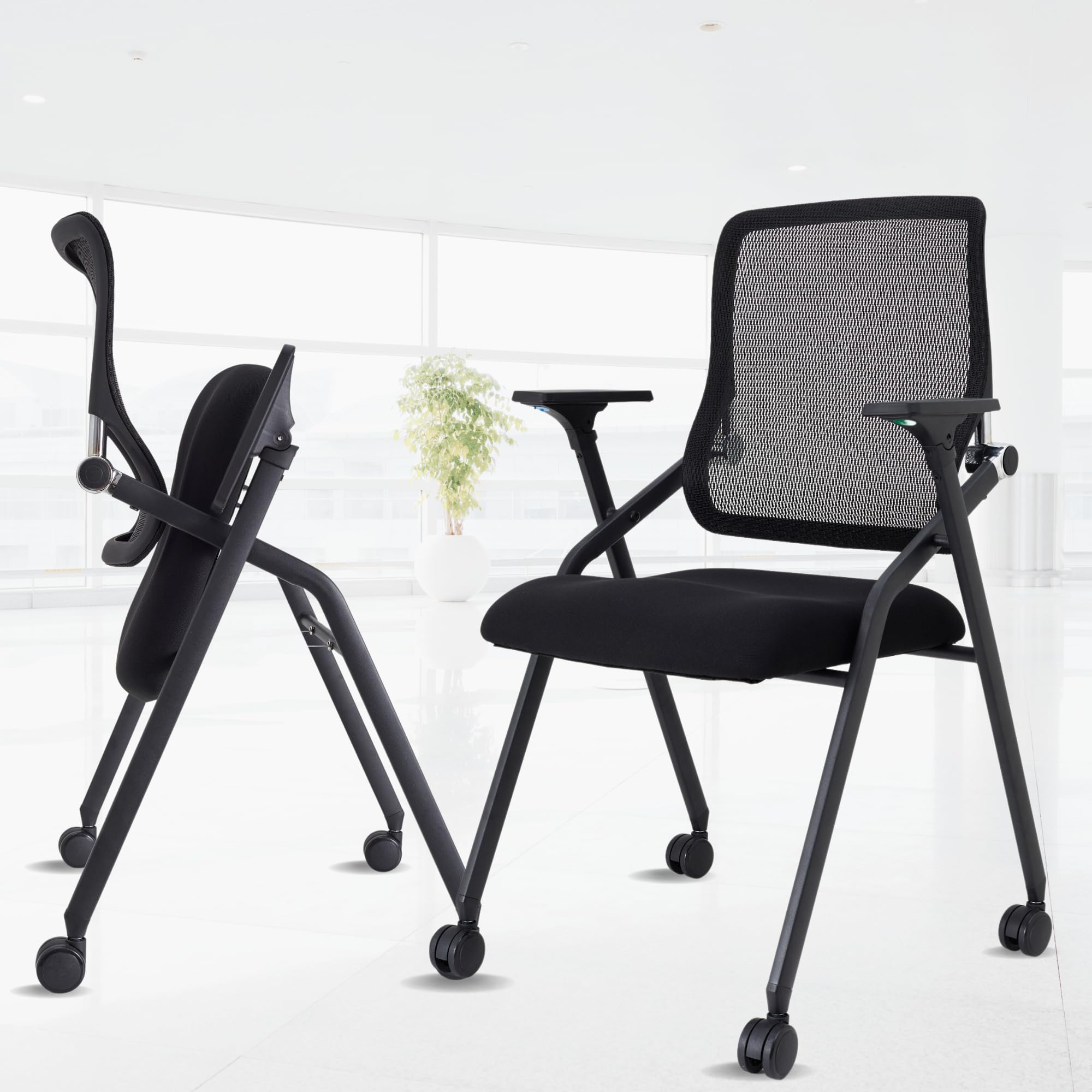 Brobriyo 2 Pack Stackable & Foldable Conference Room Chairs With Lumbar Support, Armrest - Ergonomic Mesh Bouncing Back For Offi