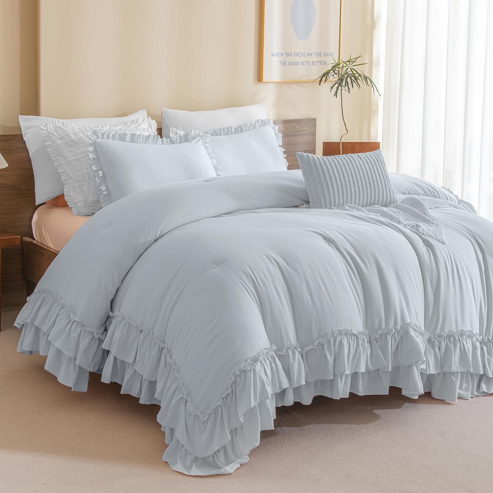 Masaca Shabby Ruffled King Comforter Set,Farmhouse Cornflower Blue Bedding Comforter Lightweight Ultra Soft Vintage Rustic Beddi