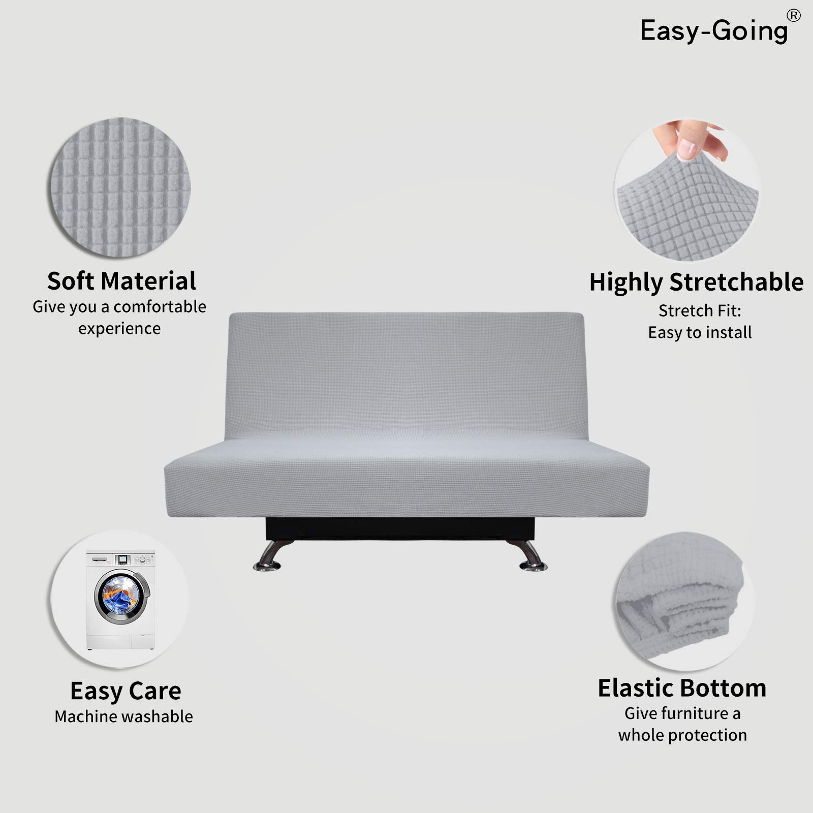 Easy-Going Stretch Futon Sofa Slipcover Armless Sofa Bed Cover Furniture Protector Without Armrests With Elastic Bottom For Kids,Soft Jacquard Fabric Small Checks(Medium Futon,Silver Gray