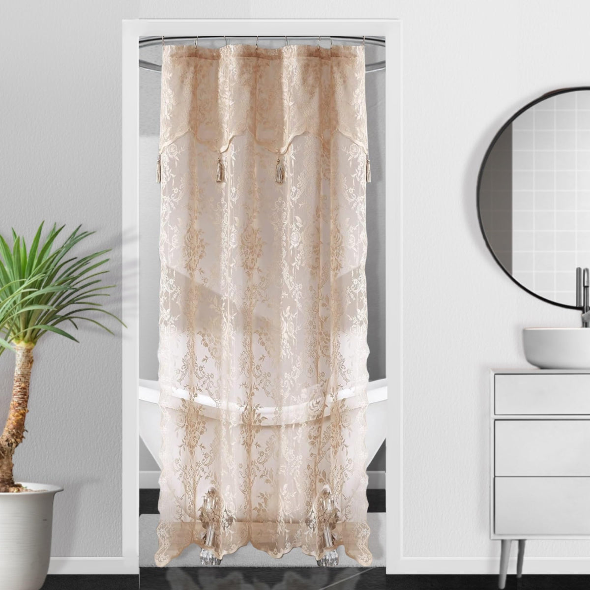Warm Home Designs Golden Linen Stall Shower Curtain 36 X 72 Inches With Attached Valance & 4 Tassels. Luxury Lace Small Shower C
