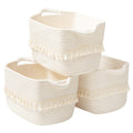 TeoKJ White Cotton Rope Baskets for Storage, Set of 3 Woven Clothes Basket for Organizing and Storage, Blanket Basket for Living