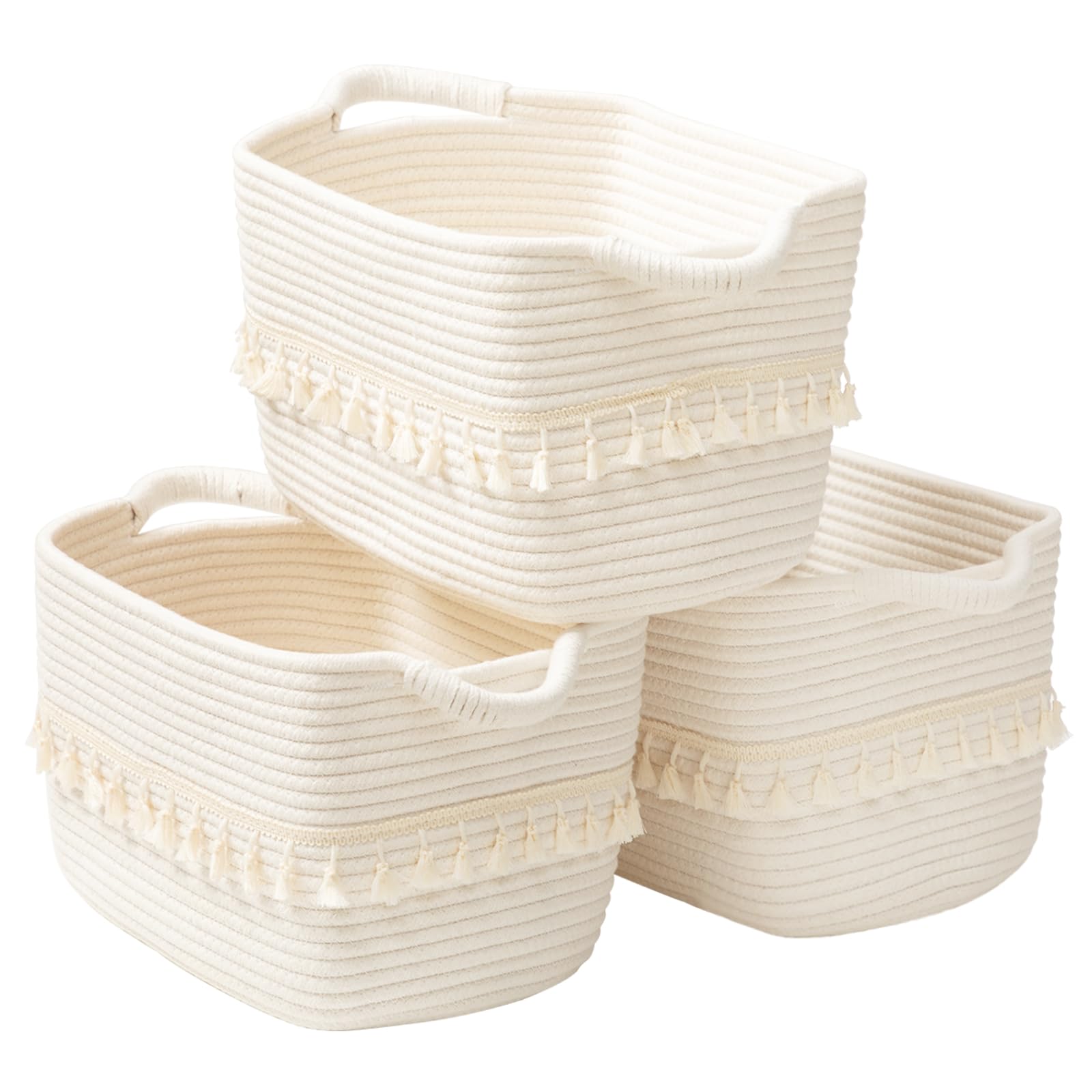 TeoKJ White Cotton Rope Baskets for Storage, Set of 3 Woven Clothes Basket for Organizing and Storage, Blanket Basket for Living