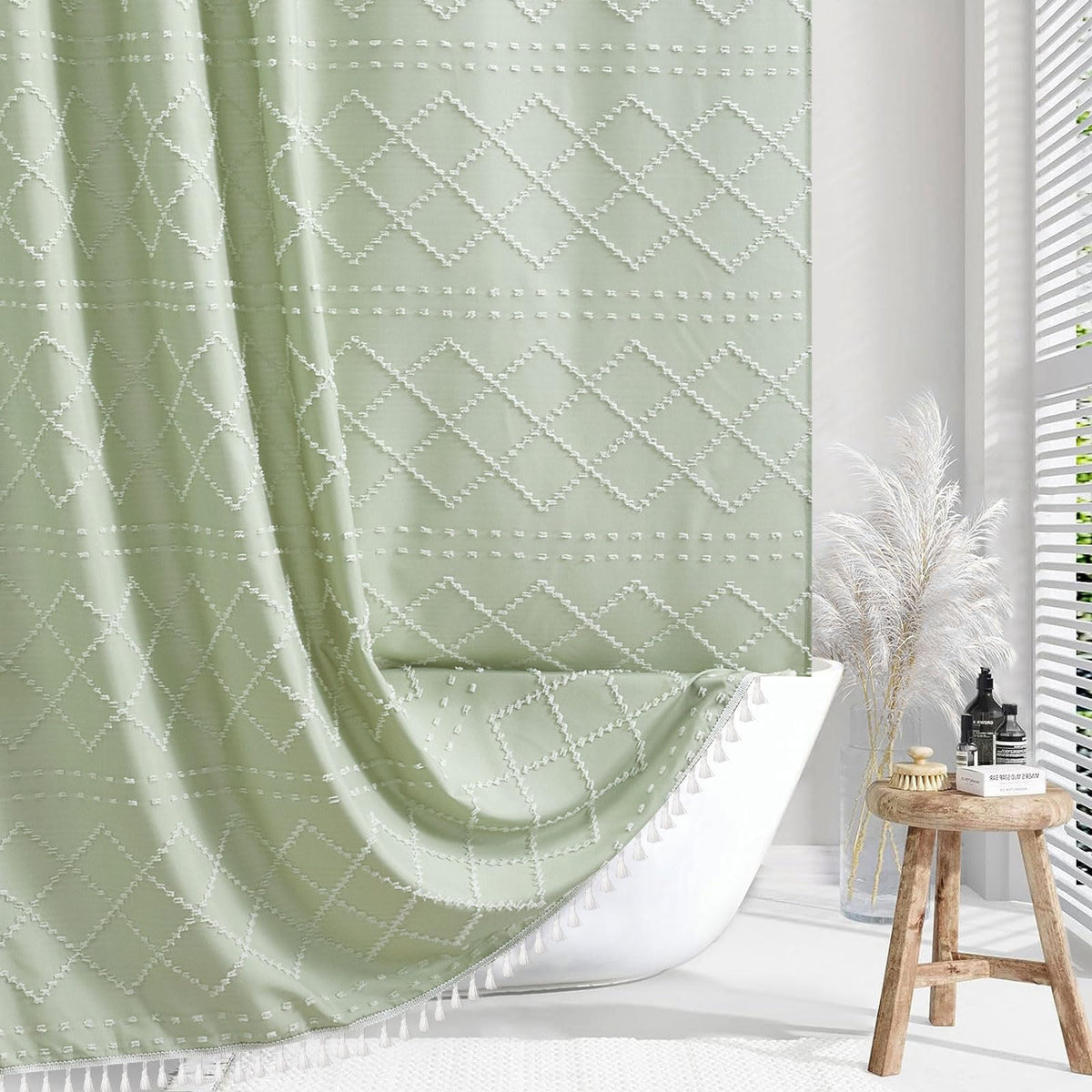 Extra Long Green Boho Shower Curtain Woven Fabric Cute 84 Inch Shower Curtain With Tassel, 72 X 84 Tufted Chevron Textured Strip