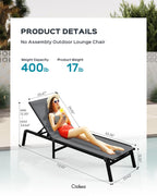 Aluminum Chaise Lounge Ourdoor - Foldable & Assemble Free Outdoor Lounge Chair With 5 Adjustable Backrest, Patio Lounge Chair For Outside Poolside Beach Pool, Grey
