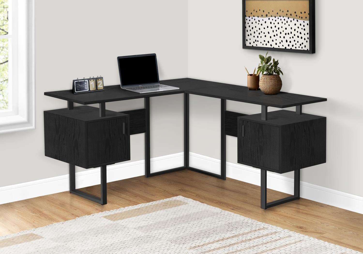 Monarch Specialties 7696 Computer Desk, Home Office, Corner, Storage, 58' Shape, Work, Laptop, Metal, Laminate, Black, Contemporary, Modern Desk-58 L Oak, 57.75' L x 57.75' W x 30' H
