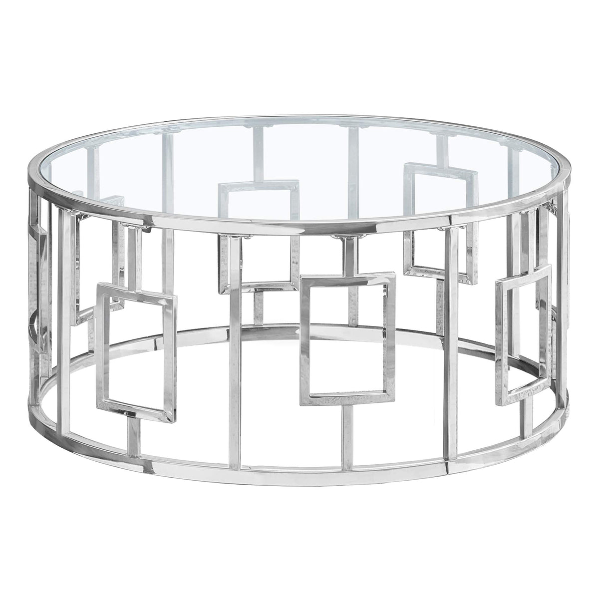 HomeRoots Clear Tempered Glass,Glass, Metal Round Chrome Metal with Tempered Glass Coffee Table