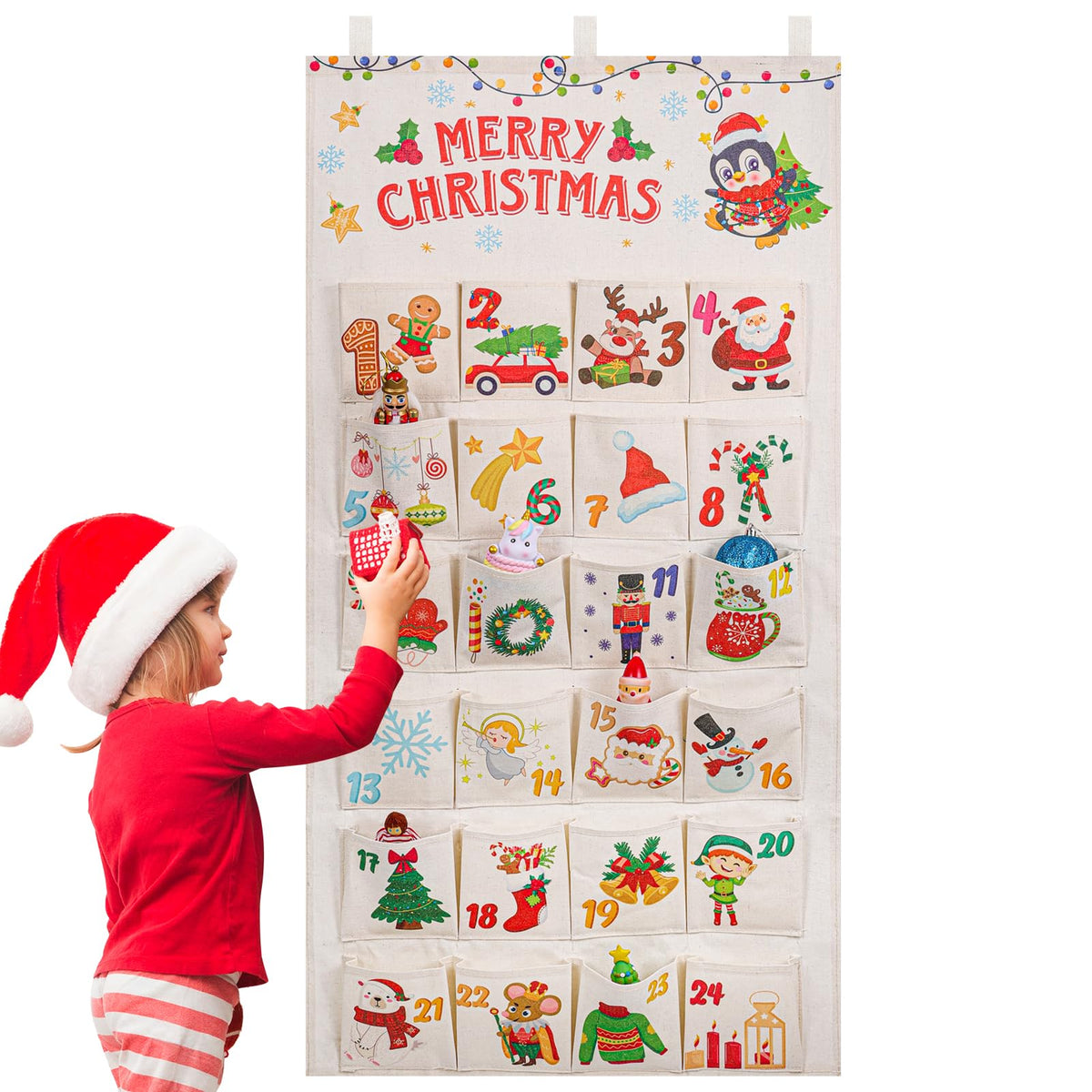 HOWAF Fabric Christmas Advent Calendar (Countdown to Christmas), 24 Days Mystery Christmas Countdown Calendar with 24 Pockets fo