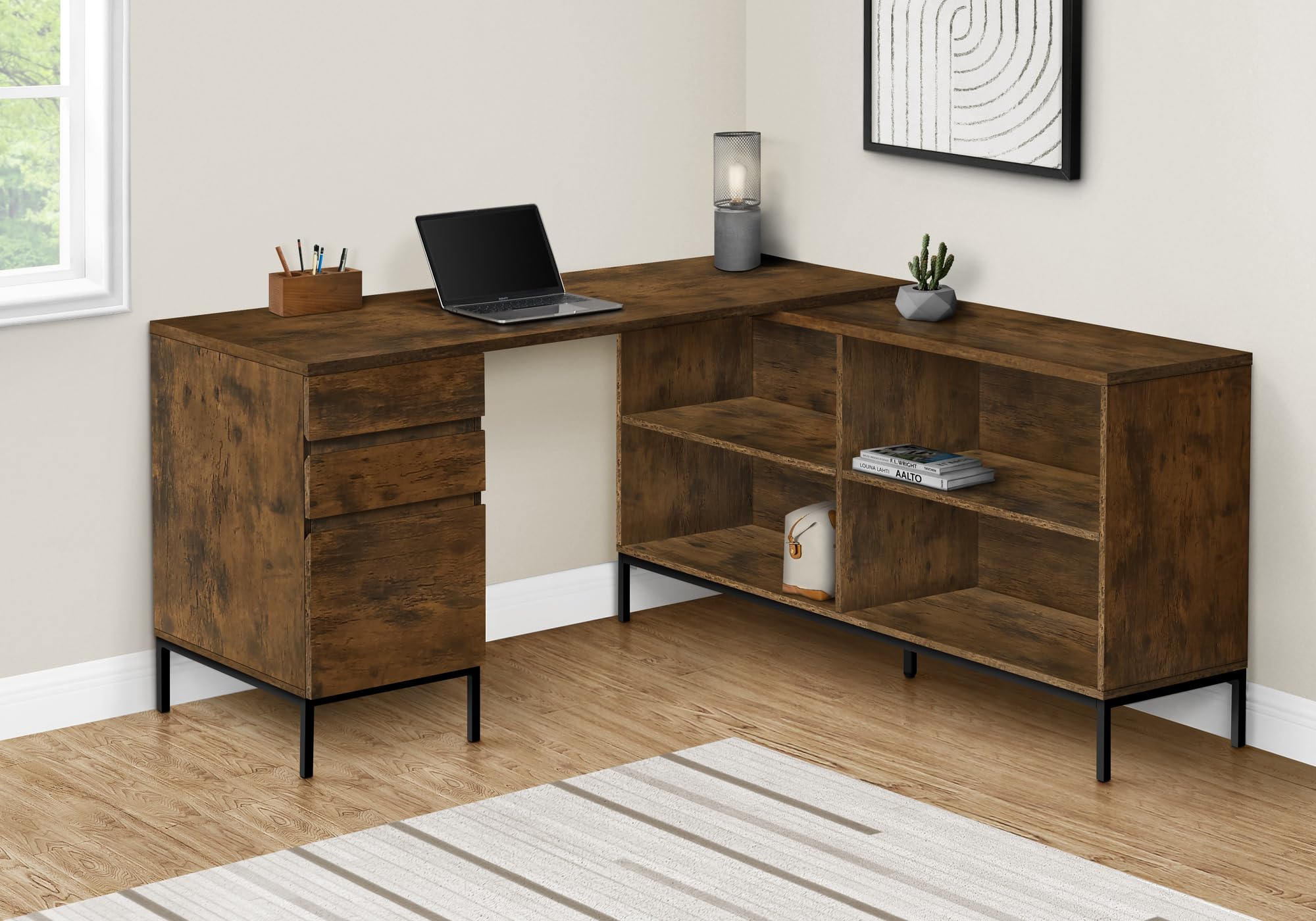 Monarch Specialties 7490 Computer Desk, Home Office, Corner, Storage Drawers, 60' Shape, Work, Laptop, Metal, Laminate, Brown, Black, Contemporary, Modern Desk-60 L Rustic, 60' L x 60' W x 31' H