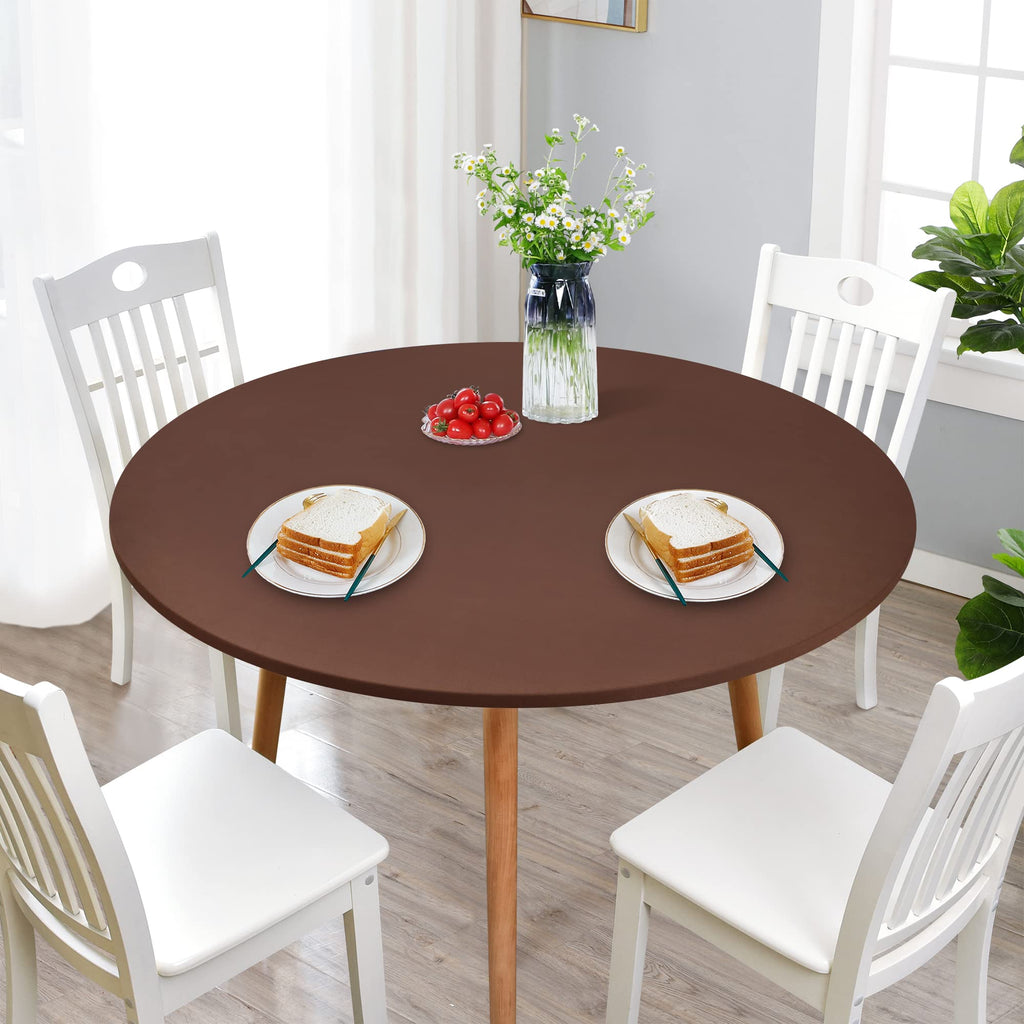 Newisher Round Fitted Table Cover Spandex Stretch Tablecloth Brown Table Top Cover With Elastic Edged For Dining Picnic Patio 48 Inch
