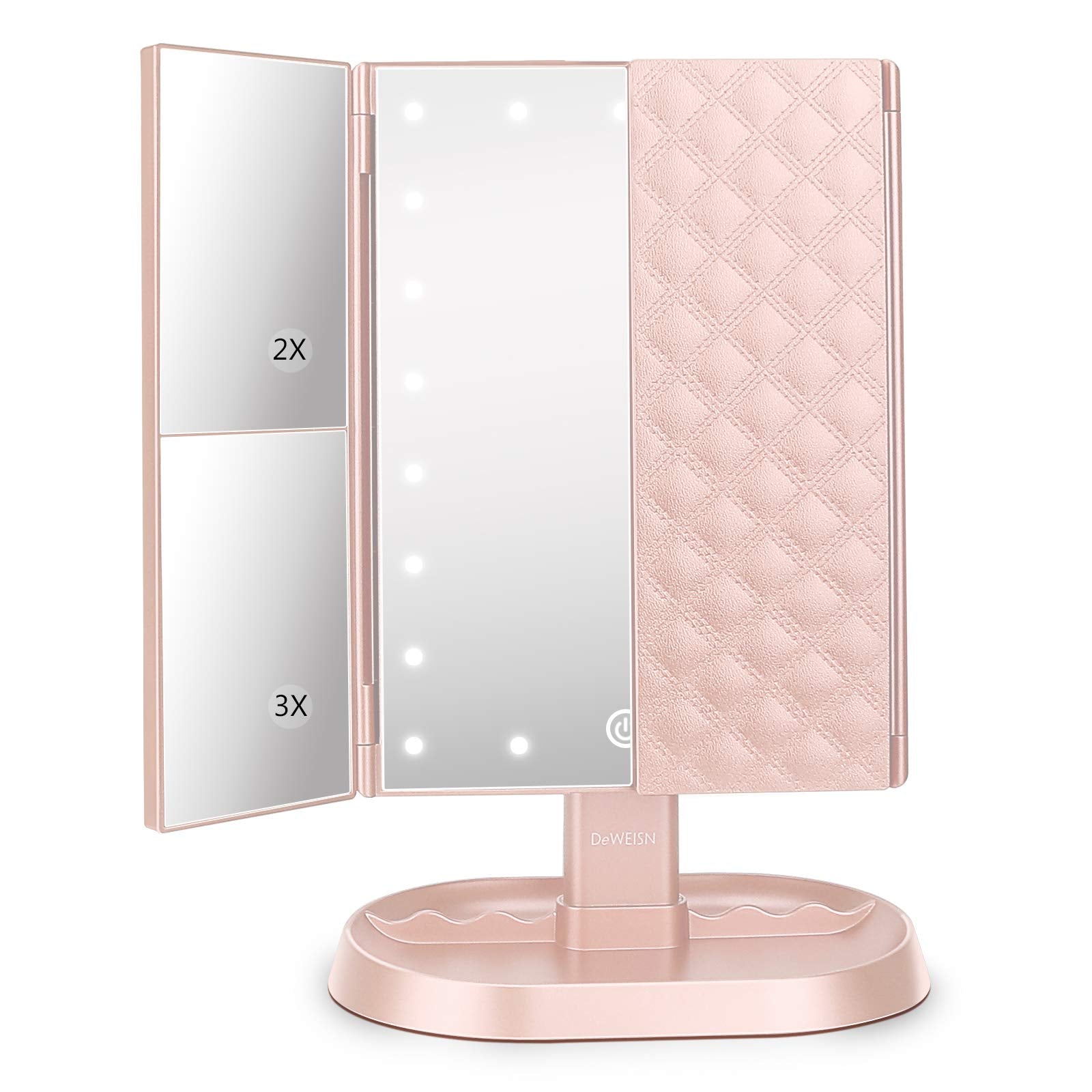 deweisn Trifold Lighted Vanity Makeup Mirror with 21 LED Lights,1x/2x/3x Magnification and Touch Screen Dimming,Two Power Suppli