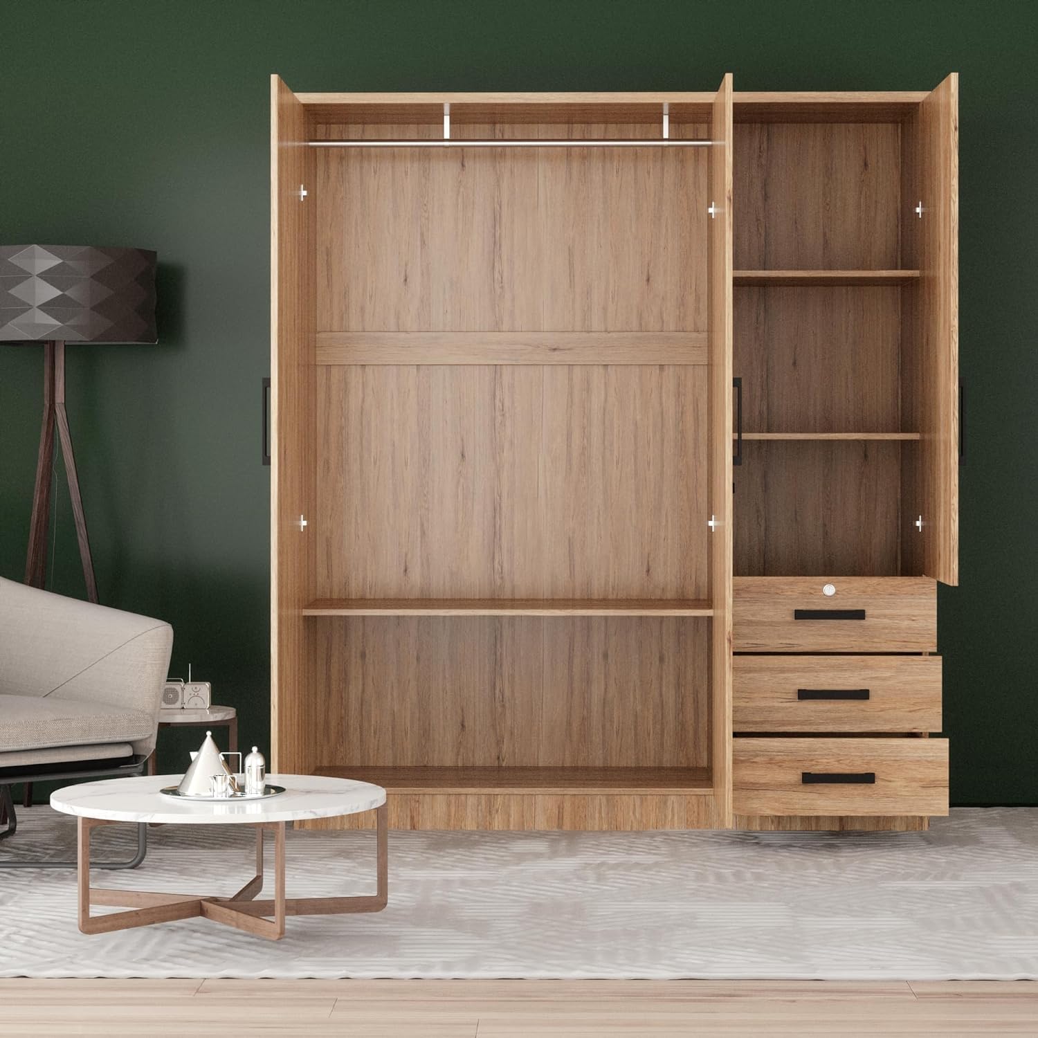 Violet Wardrobe Closet 3 Doors and 3 Drawers (Natural Oak)