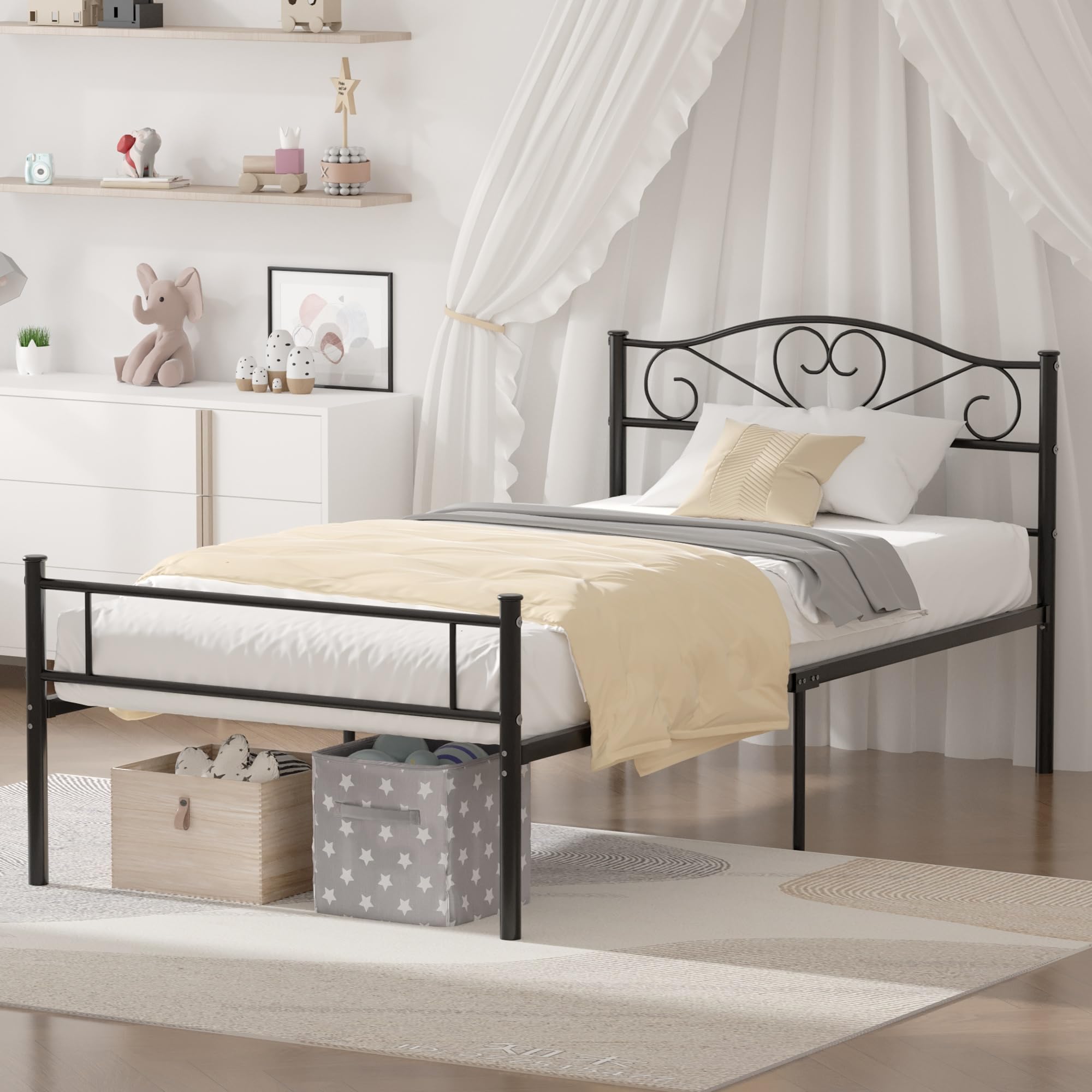 Vecelo Metal Platform Bed Frame With Headboard & Footboard, Steel Slats Mattress Foundation, No Box Spring Needed, Twin, Matte Black