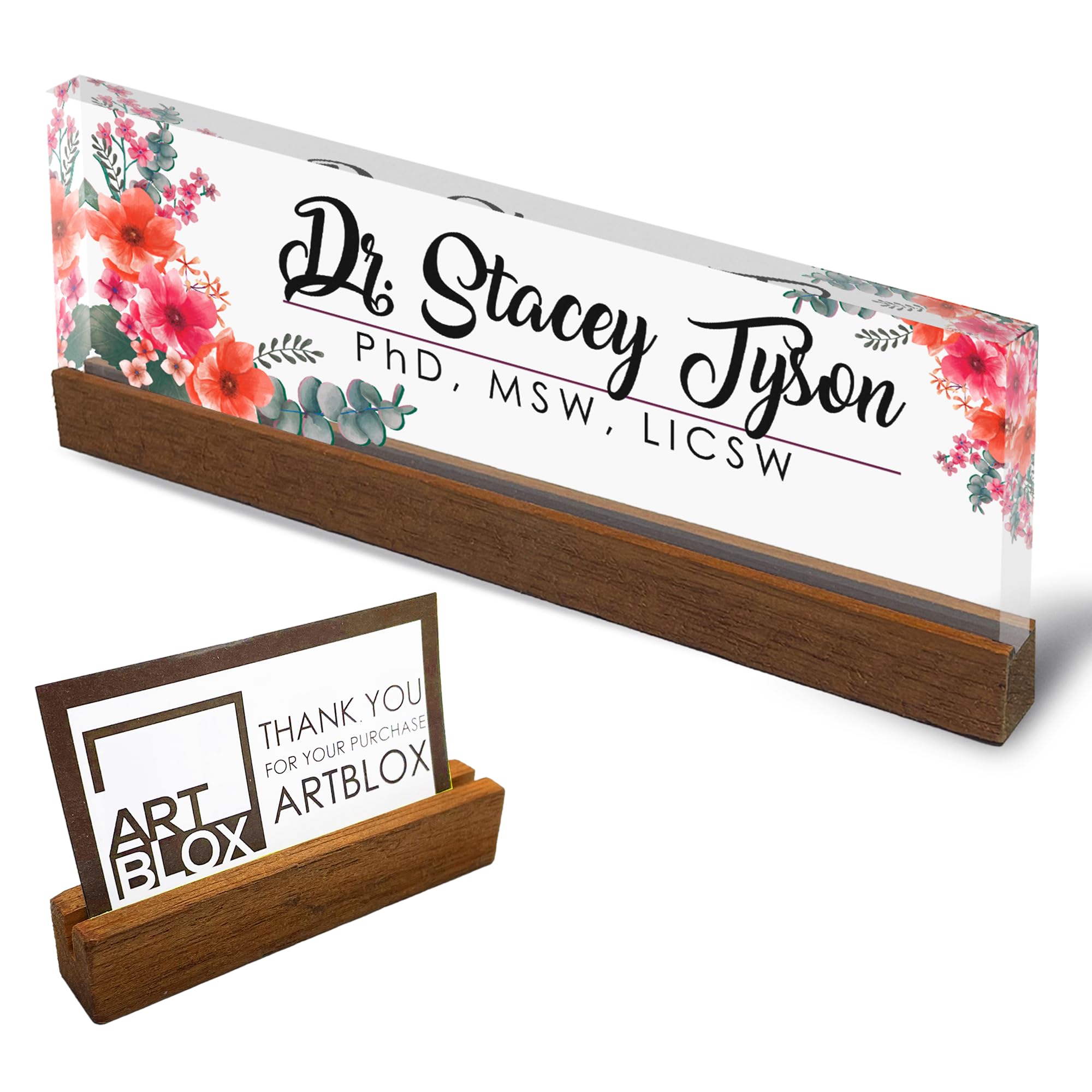 Artblox Personalized Office Desk Name Plate And Business Card Holder | Clear Acrylic Glass With Teak Wood Stand | Mixed Flowers