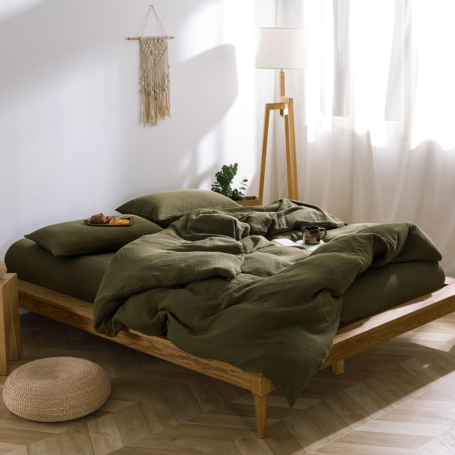 VM VOUGEMARKET Olive Green Duvet Cover Queen Size - 3 Pieces Muslin Cotton 3-Layer Guaze Textured Bedding Set, Includes 1 Duvet 
