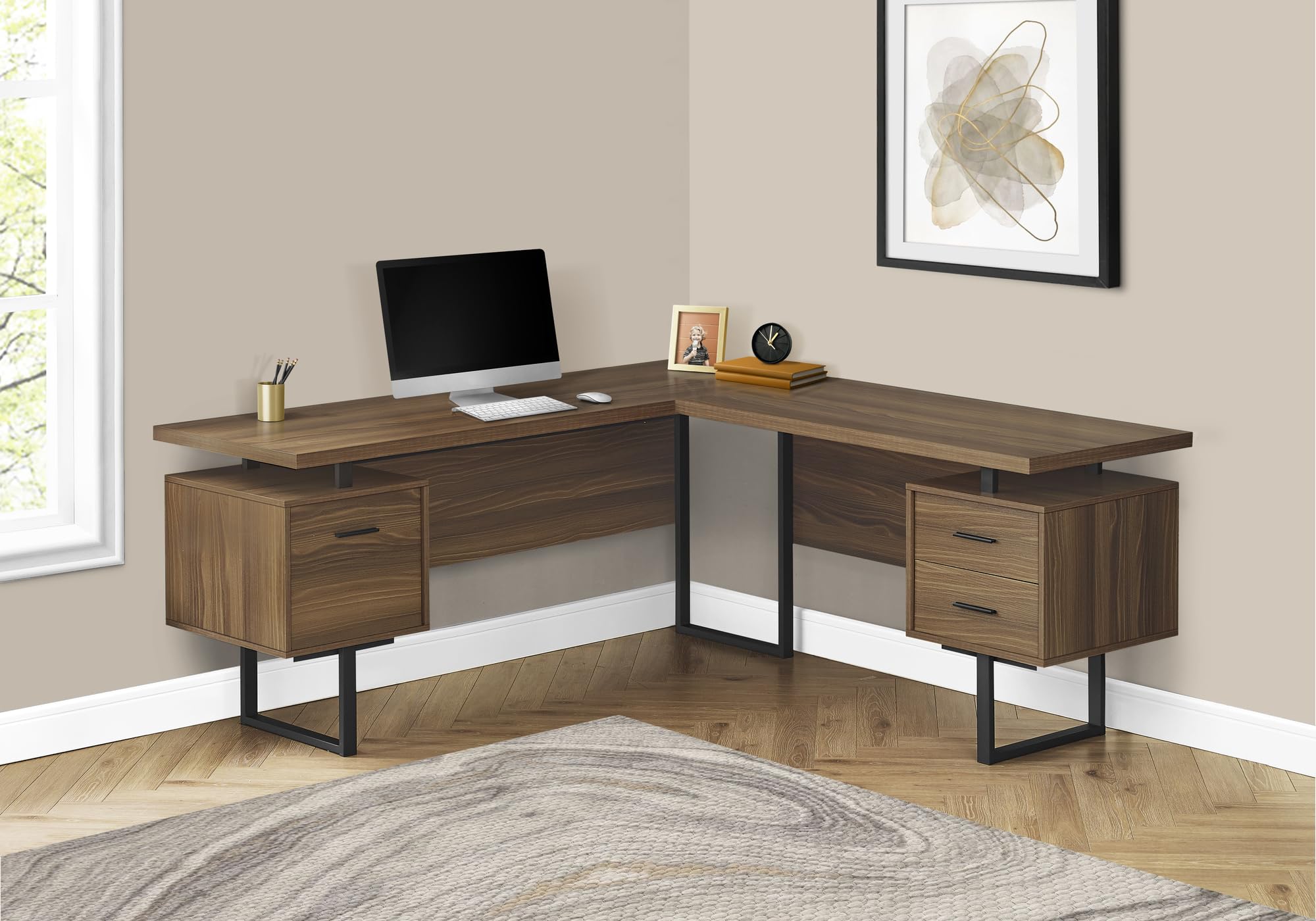 Monarch Specialties 7610 Computer Desk, Home Office, Corner, Left, Right Set-up, Storage Drawers, 70&quot; Shape, Work, Laptop, Metal, Laminate, Walnut, Black Desk-70 R Face, 71&quot; L x 71&quot; W x 30&quot; H