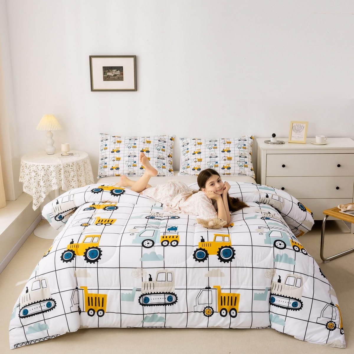 Feelyou Construction Truck Comforter Set Twin Size Kids Machinery Truck Excavators Vehicles Comforter For Boys Teens Cartoon Tra